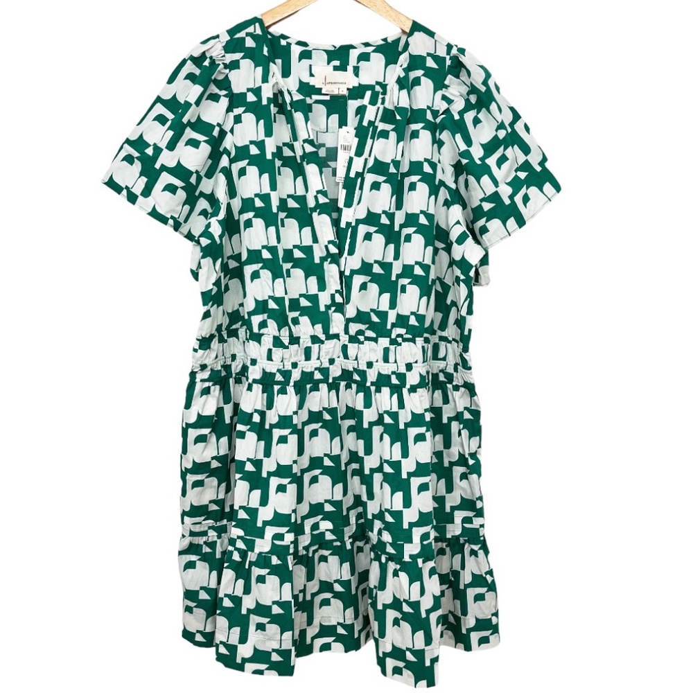 Anthropologie Green and White Geometric Mini Dress